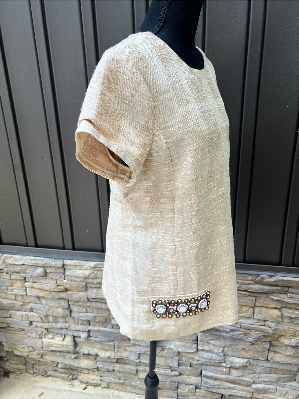 Tory Burch Ivory Textured Short-Sleeve Tunic with Embellished Pockets - Picture 4 of 7